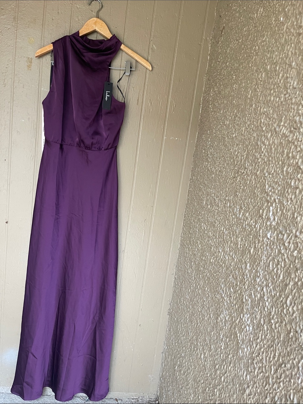 Lulu's Purple Satin Asymmetrical Gown Mock Neck Maxi Dress Size S